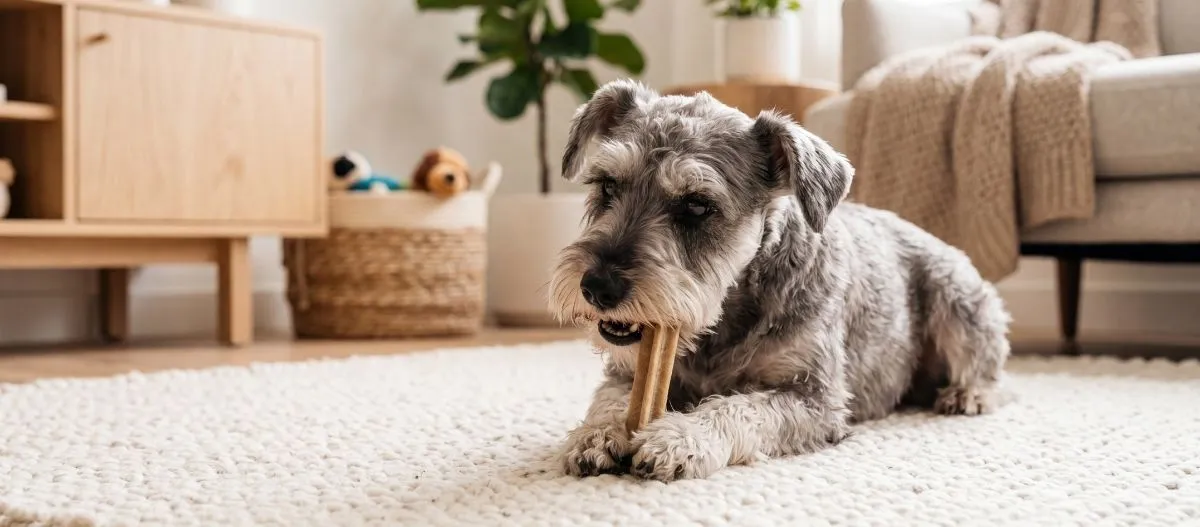 Hund liegt auf einem Teppich und kaut auf einem Zahnpflegesnack