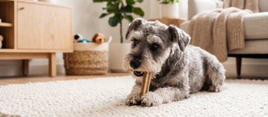 Hund liegt auf einem Teppich und kaut auf einem Zahnpflegesnack – KI-generiert