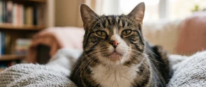 Katze mit leichter Katzenakne liegt auf einer Decke und schaut in die Kamera.