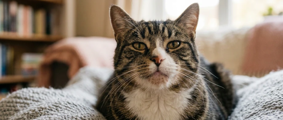 Katze mit leichter Katzenakne liegt auf einer Decke und schaut in die Kamera.