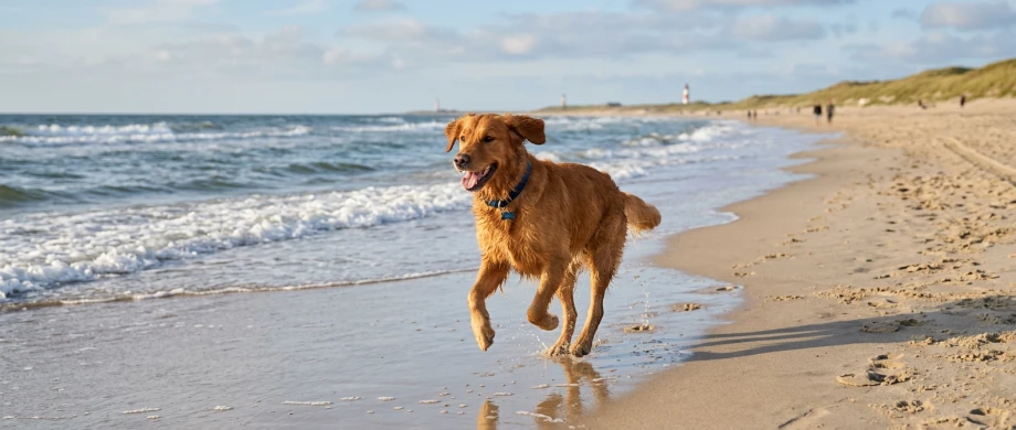 Hund läuft einen Strand entlang. Links von ihm das Meer.