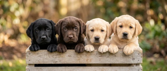 Vier Labrador-Welpen in Schwarz, Braun, Creme und Gold lehnen mit den Vorderpfoten über den Rand einer Holzkiste vor unscharfem Naturhintergrund.