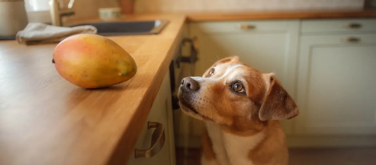 Hund schaut auf eine Mango auf der Küchentheke.