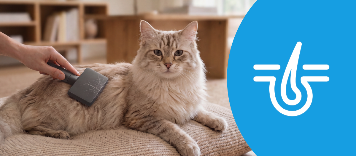 introvis_cat_skincoatcare_1200x527 Eine helle Katze liegt auf einem Kissen und wird gebürstet.