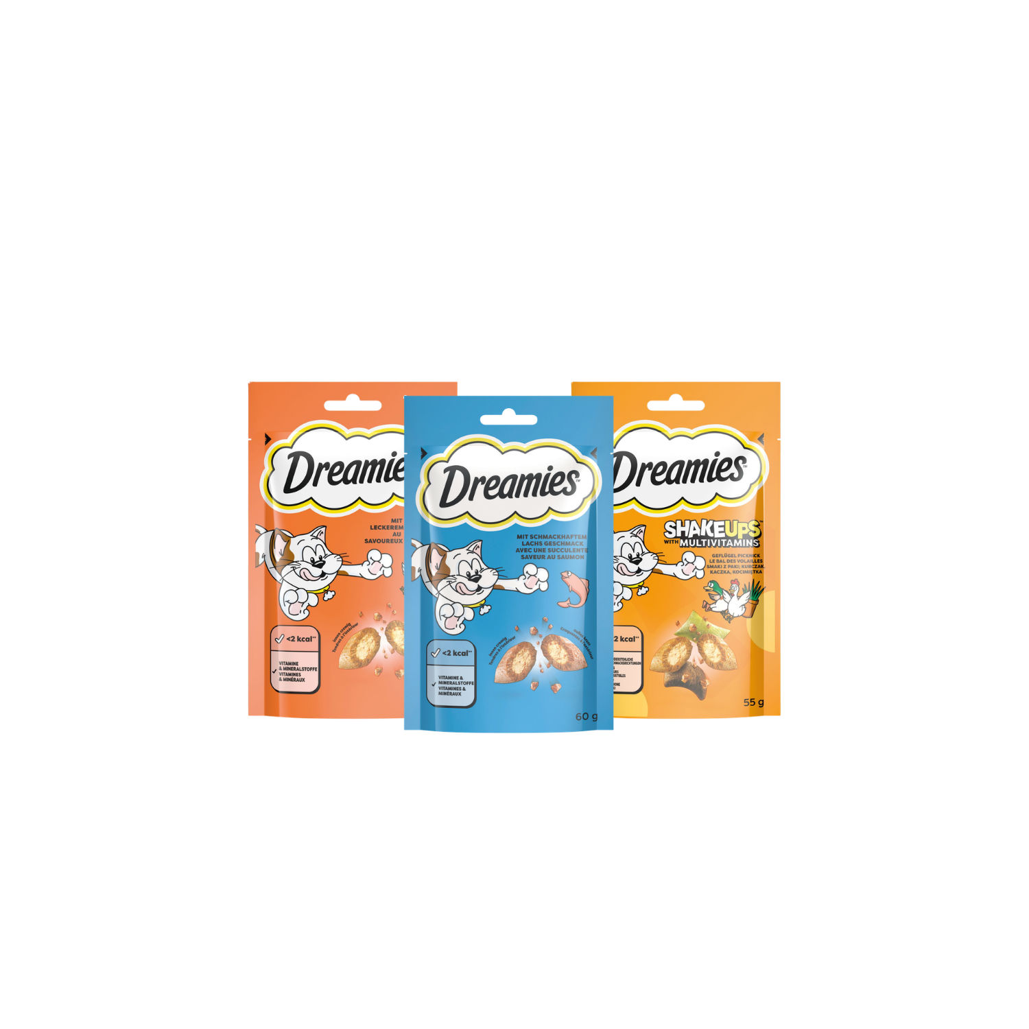 Abgebildet sind drei Packungen Katzensnacks in den Sorten Shake Ups Seafood Festival 55 g, Käse 60 g und Hühnchen 60 g der Marke Dreamies.