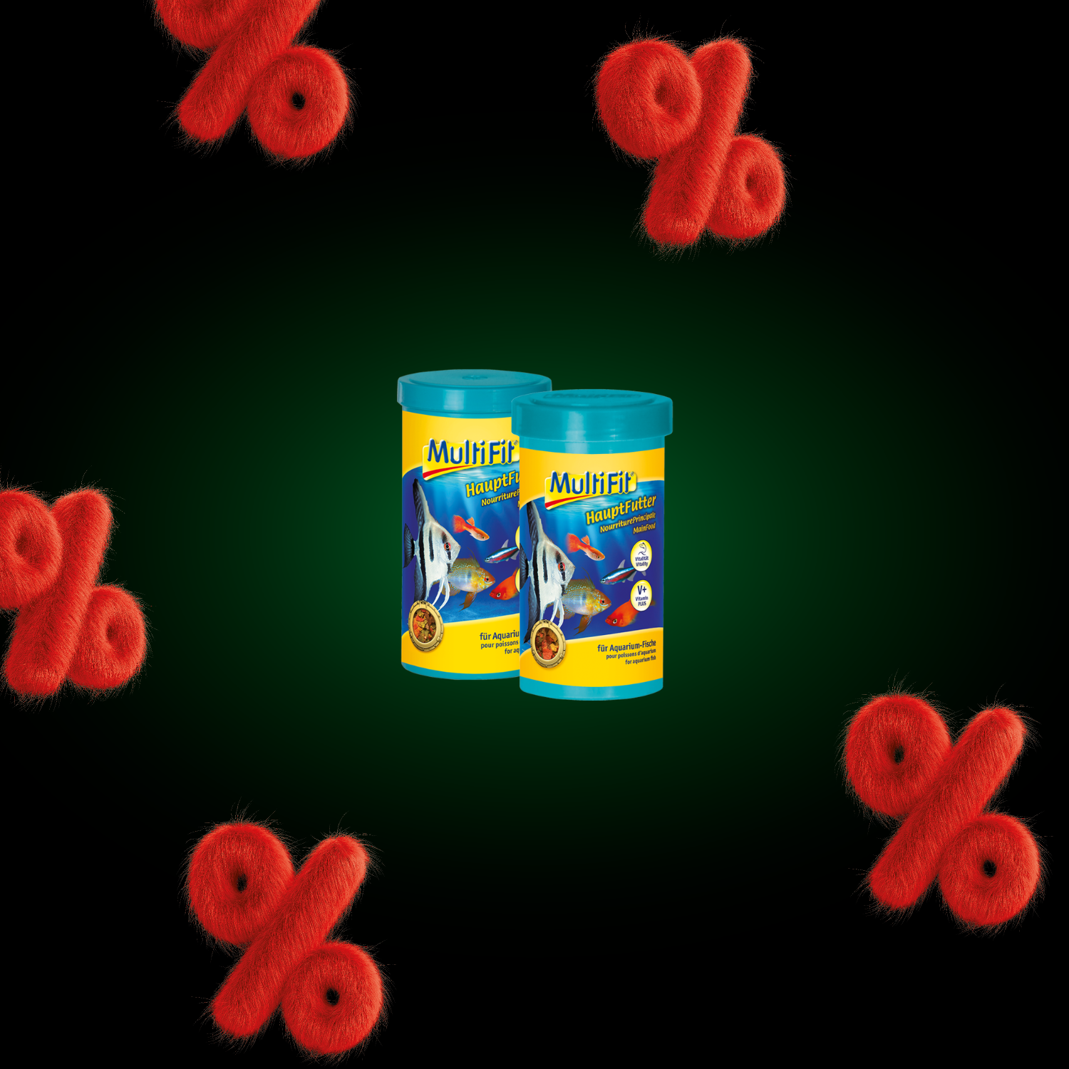 Sont représentées deux boîtes d’aliment principal pour poissons de la marque MultiFit, dans les formats 250 ml et 1000 ml.