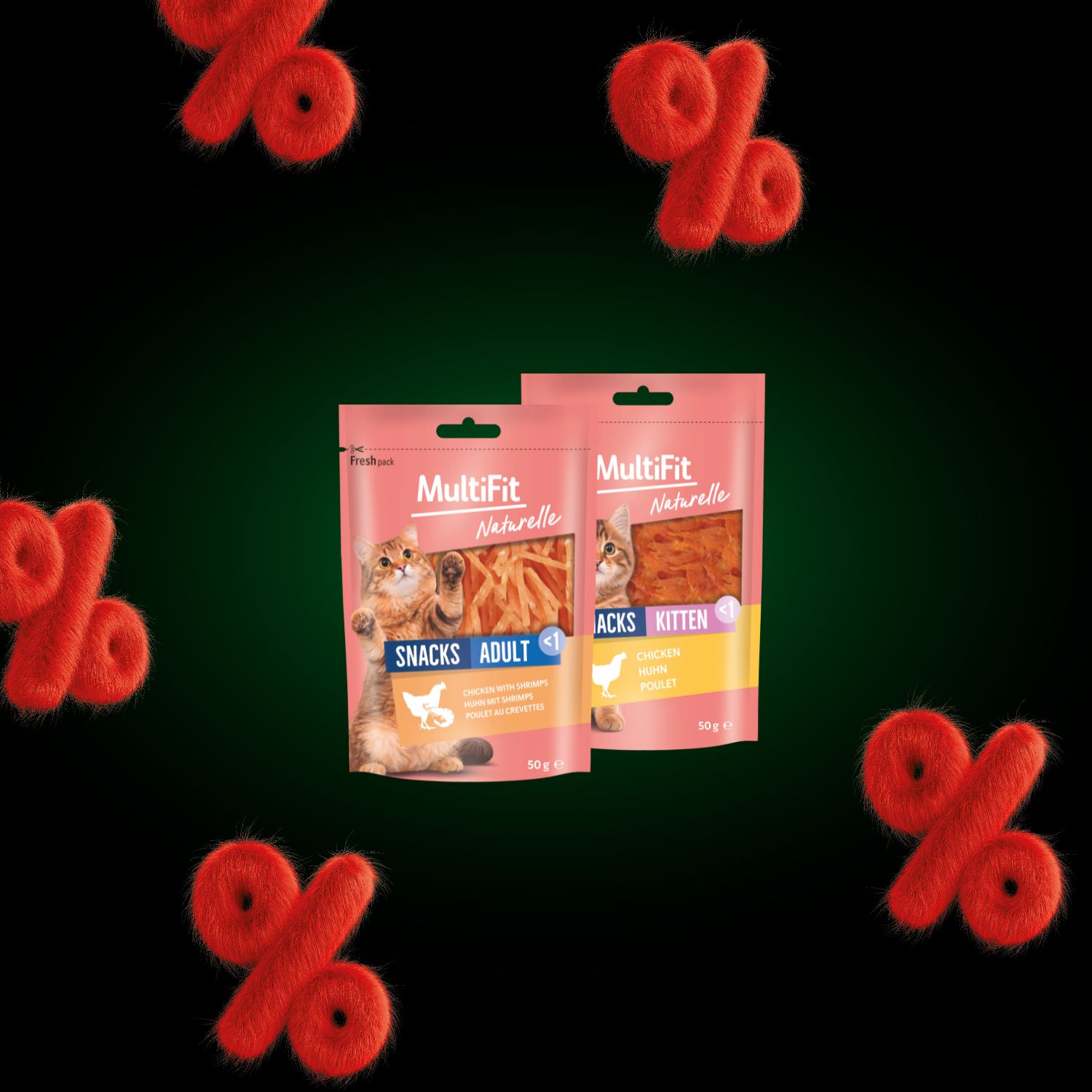 On voit ici deux paquets de friandises naturelles pour chats, dans les variétés « Poulet aux crevettes » et « Poulet Junior » de la marque MultiFit.
