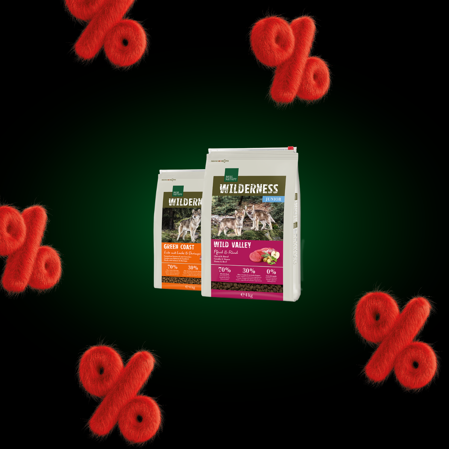 L'image représente deux paquets de 4 kg de nourriture sèche pour chien dans les variétés Adult Green Coast et Junior Wild Valley de la marque REAL NATURE WILDERNESS.