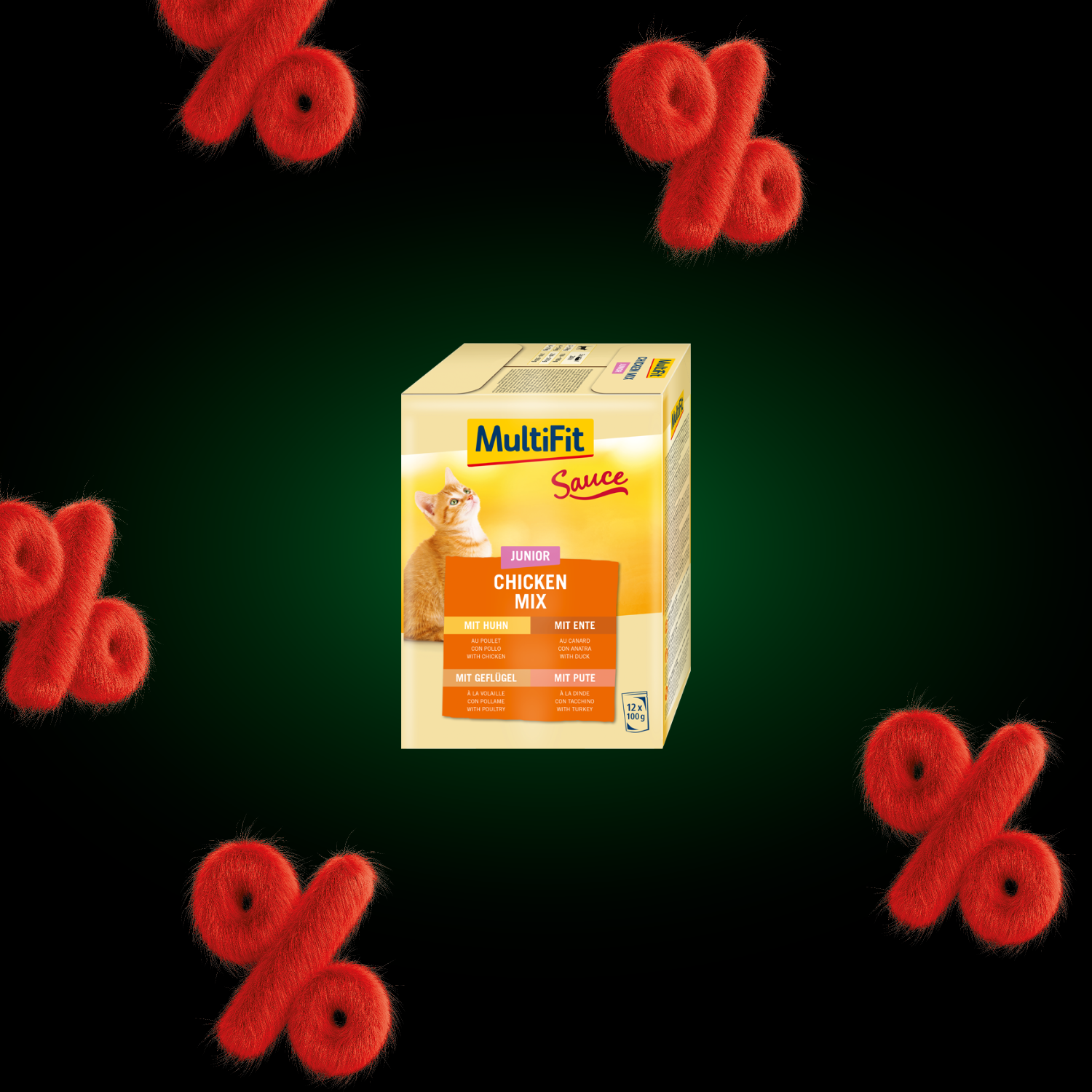 La photo représente un lot de 12 boîtes de 100 g de nourriture humide pour chats, variété « Junior Chicken Mix » de la marque MultiFit.