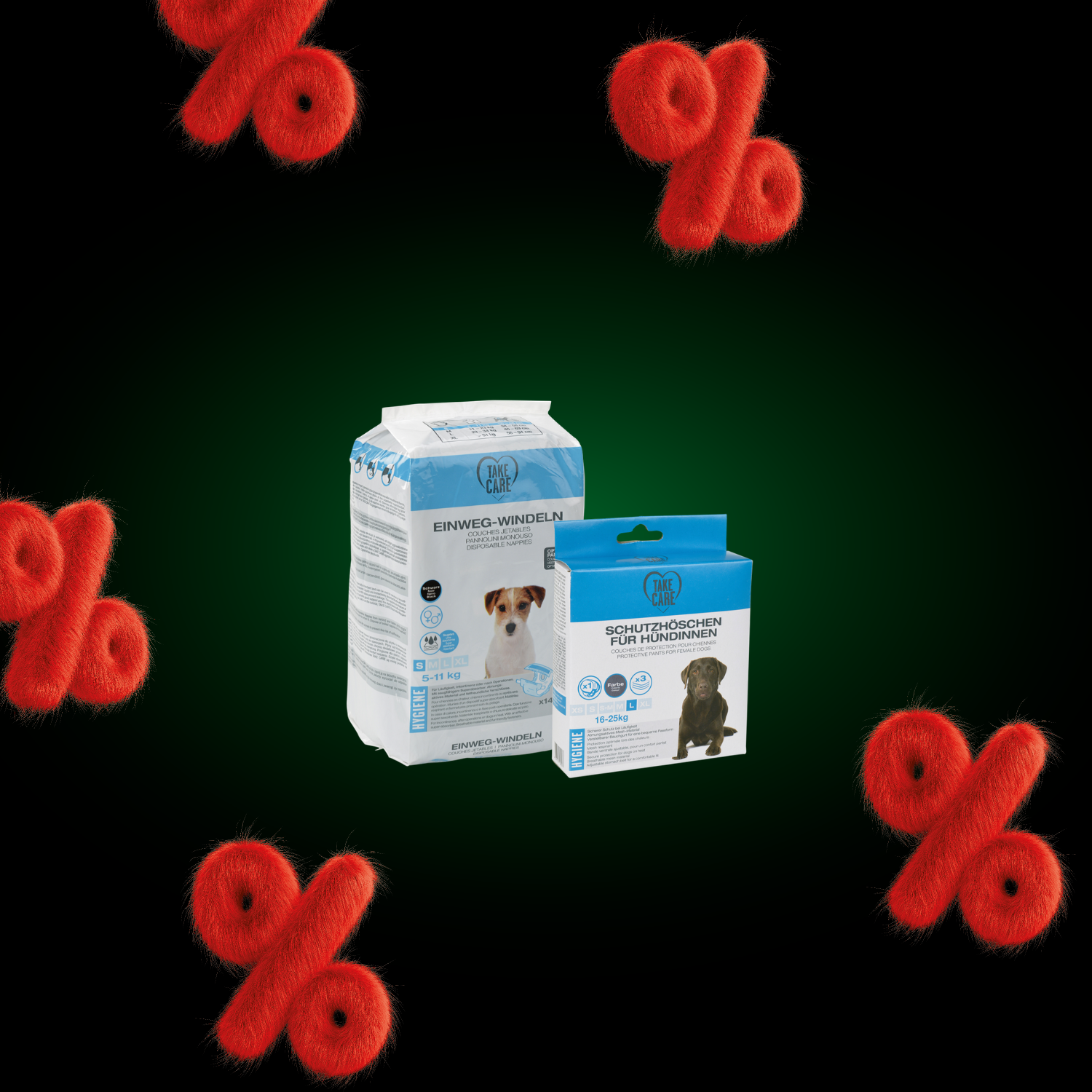 La photo représente un paquet de couches jetables noires contenant 14 couches de taille S et un paquet de culottes de protection de taille L avec des protections intégrées de la marque TAKE CARE.