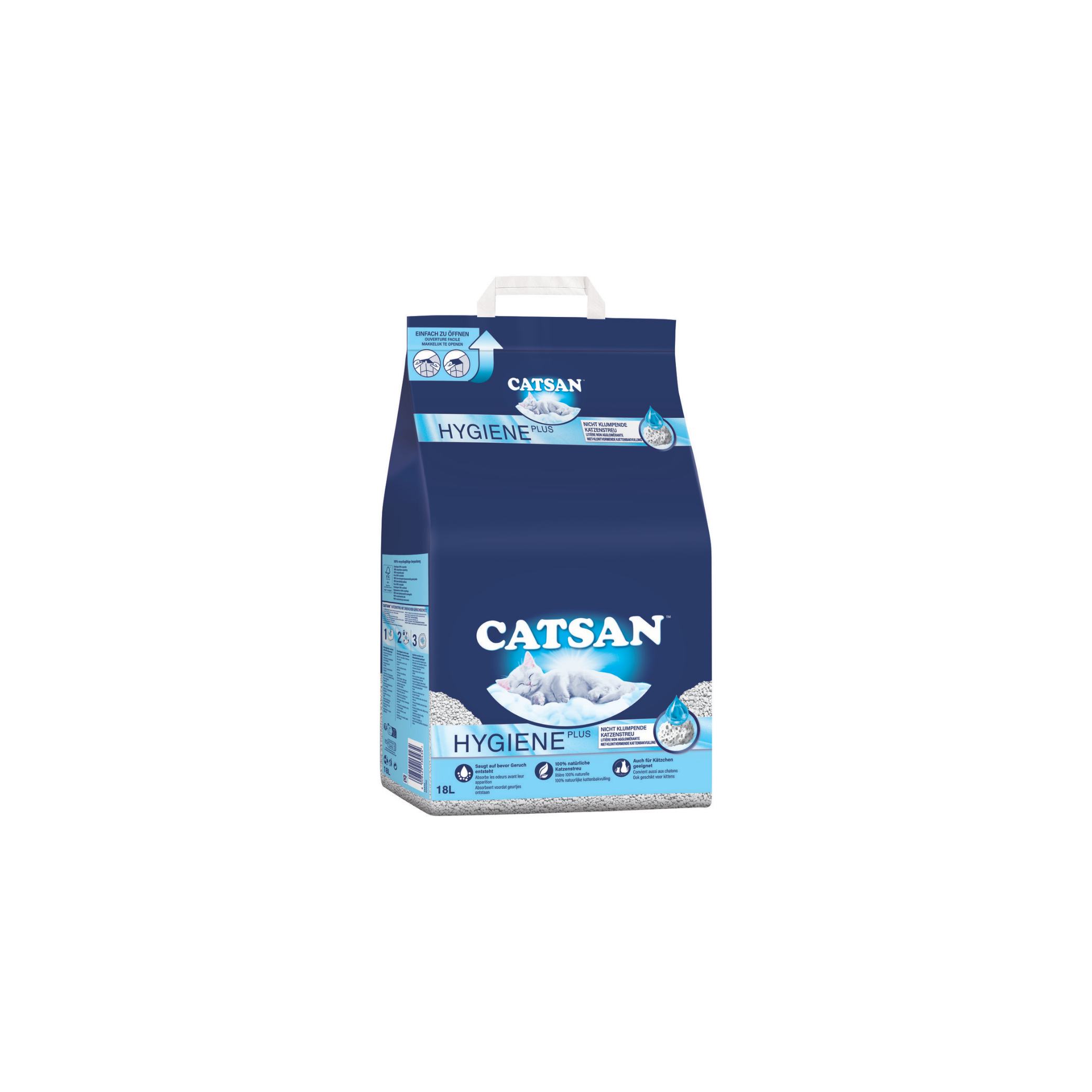 Abgebildet ist eine Packung Katzenstreu Hygiene Plus 18 Liter der Marke Catsan.