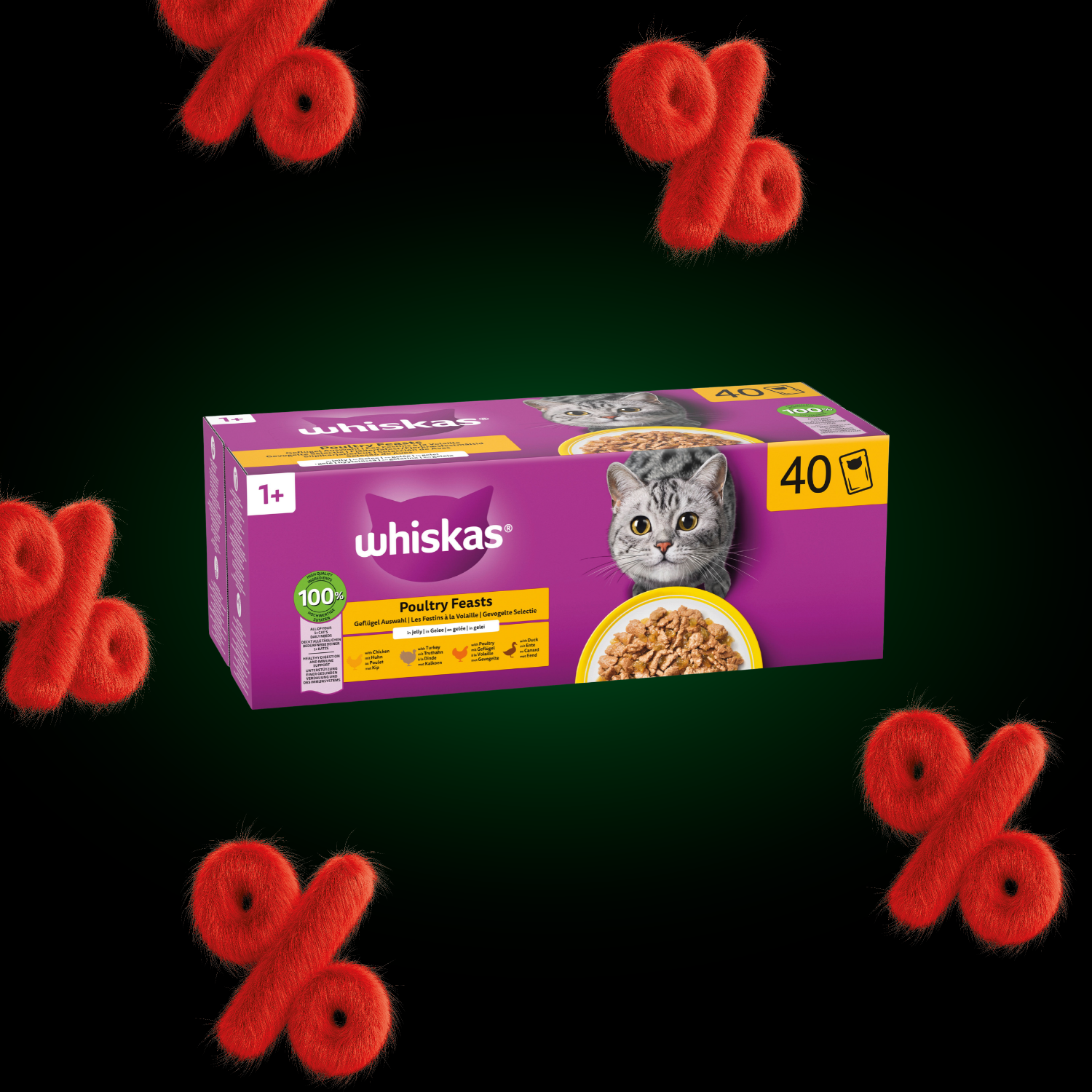 La photo représente un lot de 40 boîtes de 85 g de nourriture humide pour chats de la marque Whiskas, variété « Sélection de volailles 1+ ».