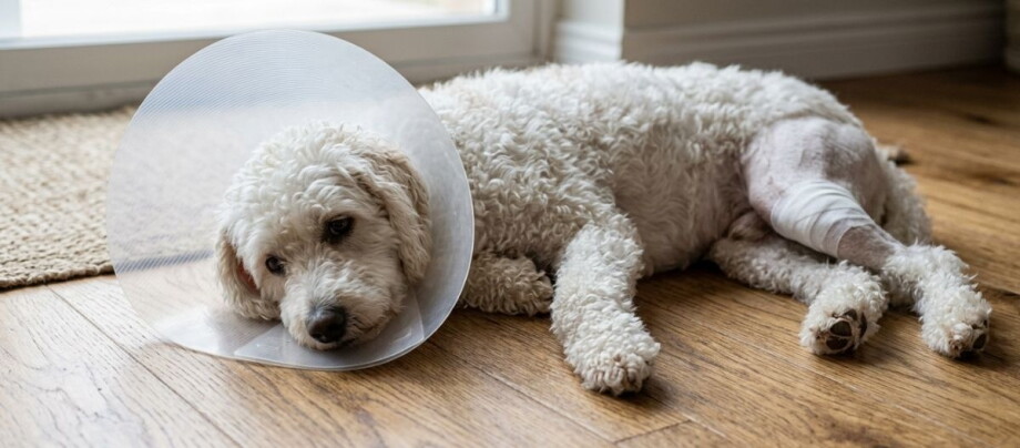 Ratgeber_Hund_mit_Trichter_und_Verband_AIDF_1200x527 Hund mit Trichter und Verband am Bein liegt auf Boden – KI-generiert
