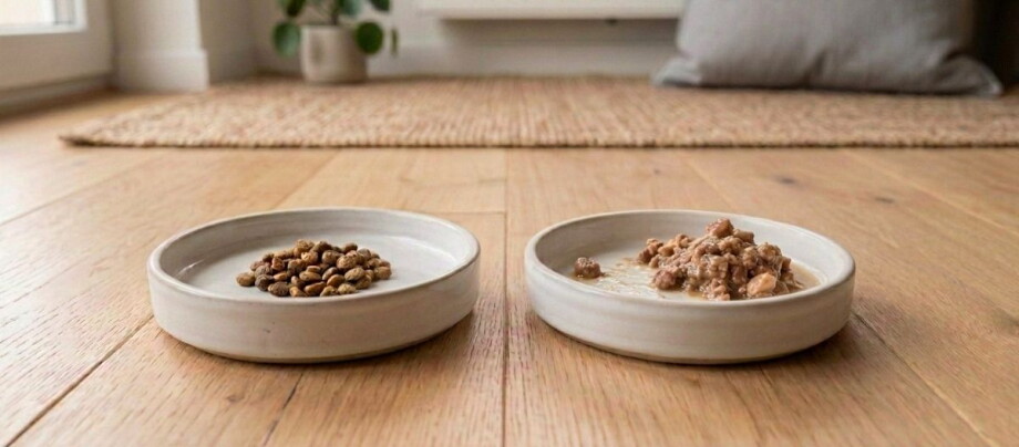 Trockenfutter und Nassfutter für Katzen in einem Napf. – KI-generiert