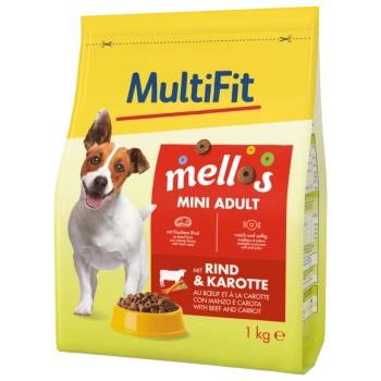 Un sac de nourriture pour chiens avec un chien heureux sur le devant, étiqueté "MultiFit mellos MINI ADULT" avec un texte indiquant qu'il contient du bœuf et des carottes.