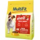 Eine Hundefuttertüte mit einem glücklichen Hund auf der Vorderseite, beschriftet mit 'MultiFit mellos MINI ADULT' und Text, der angibt, dass es Rindfleisch und Karotten enthält.