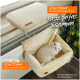 Eine weiße Katze liegt in einem beigen Haustierbett neben einem Heizkörper, mit einem weiteren Bett auf der Fensterbank darüber. Der Text erwähnt SCHLITZOHR Produkte.