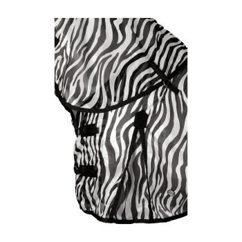 Zebra-gestreifter Haustierweste mit verstellbaren Riemen und einem Logo, entworfen für Stil und Komfort.