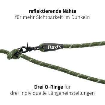 Eine grüne Hundeleine mit reflektierenden Nähten, drei verstellbaren O-Ringen und dem Markennamen "Floxik" am Griff.