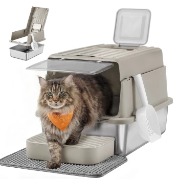 Langhaarige braun-getigerte Katze mit orangefarbener Bandana mit der Aufschrift 'Feandrea', die eine beige überdachte Katzenstreu-Box mit Edelstahlsockel, Schaufel und Matte verlässt