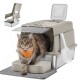 Langhaarige braun-getigerte Katze mit orangefarbener Bandana mit der Aufschrift 'Feandrea', die eine beige überdachte Katzenstreu-Box mit Edelstahlsockel, Schaufel und Matte verlässt