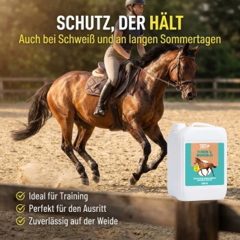 Weißer Behälter mit der Aufschrift "GREEN HERO Bremsen-EX" mit einem Pferde-Graphic, 5L Kapazität und Zertifikaten für Qualität, vor einem türkisfarbenen Hintergrund.