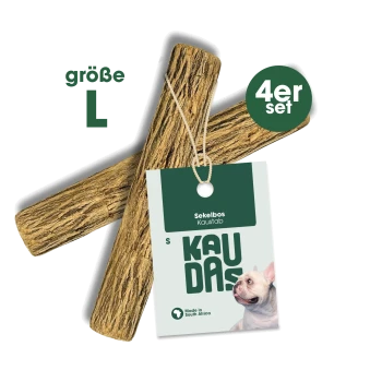 Kau-Sticks für Hunde, beschriftet mit 'Sekelbos Kaustab', Größe L, 4-teiliges Set, mit einem Hundebild und dem Text 'Hergestellt in Südafrika'.