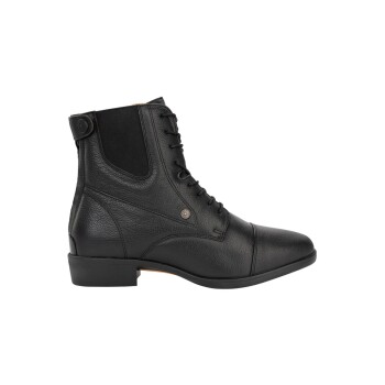 Schwarze Leder-Ankle-Boots mit Schnürung und kleinem Absatz, mit einer strukturierten Oberfläche und runder Zehenpartie.