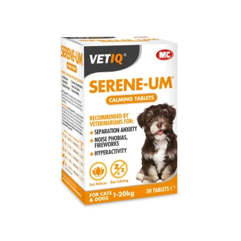 Packaging for VETIQ Serene-UM Calming Tablets, featuring a brown and white dog, with text highlighting benefits for anxiety and phobias.