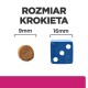 Grafika przedstawiająca rozmiar krokieta: okrągły brązowy krokiet oznaczony 9 mm (po lewej) i niebieska kostka oznaczona 16 mm (po prawej); nagłówek 'ROZMIAR KROKIETA'.