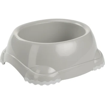 Szara miska na jedzenie dla zwierząt o zaokrąglonym kształcie i teksturowanym dnie dla stabilności.
