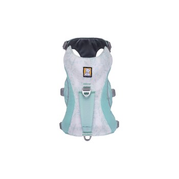 Ein mintgrünes Hundegeschirr mit einem Netzdesign, mit einem grauen gepolsterten Innenraum und verstellbaren Riemen, gekennzeichnet mit einem Ruffwear-Logo.