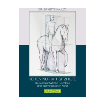 Illustration eines Reiters auf einem Pferd mit geometrischen Formen zur Anleitung, betitelt "Reiten nur mit Sitzhilfe" von Dr. Brigitte Kaluza.