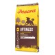 Gelber 12,5 kg Sack Josera Optiness Hundefutter, mit einer Hundesilhouette und Text: "Proteinreduzierte Formel ohne Mais" und "mit Lamm."