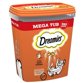 Dreamies cat treats in a 350-gram mega tub, featuring a playful cat and a chicken graphic, labeled "With Tasty Chicken."
