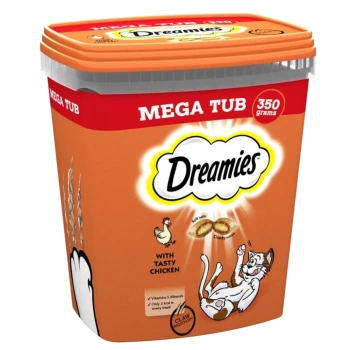 Dreamies cat treats in a 350-gram mega tub, featuring a playful cat and a chicken graphic, labeled "With Tasty Chicken."