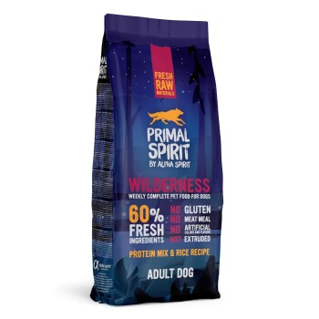 Blauer Primal Spirit Wilderness Hundefutterbeutel für erwachsene Hunde mit der Aufschrift 'Frische Rohstoffe' und '60% frische Zutaten'