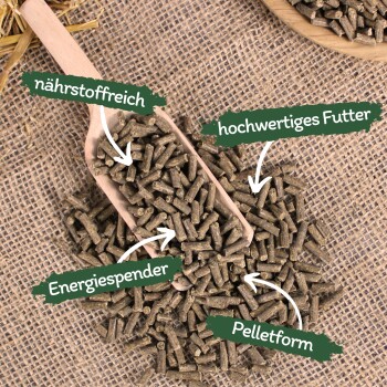 Schaufel mit braunen Pellet-Tierfutter auf Jute, deutscher Text: nährstoffreich, hochwertiges Futter, Energiespender, Pelletform