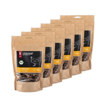 Packung mit sechs Kraftpapierbeuteln von Liebesgut Hundesnacks; sichtbarer Text 'LIEBESGUT', 'BIO-HÄHNCHENHALS', 'SNACK FÜR HUNDE'