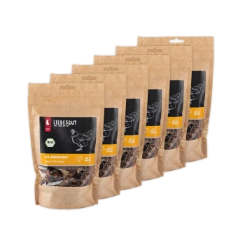 Packung mit sechs Kraftpapierbeuteln von Liebesgut Hundesnacks; sichtbarer Text 'LIEBESGUT', 'BIO-HÄHNCHENHALS', 'SNACK FÜR HUNDE'