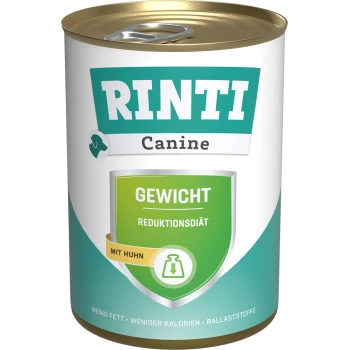 Rinti Canine Gewichtsreduktionsdiät Hundefutterdose, mit einem grünen Etikett mit "Gewicht" und "Mit Huhn", was auf wenig Fett und weniger Kalorien hinweist.