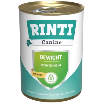 Rinti Canine Gewichtsreduktionsdiät Hundefutterdose, mit einem grünen Etikett mit "Gewicht" und "Mit Huhn", was auf wenig Fett und weniger Kalorien hinweist.