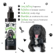Schwarzer Hund mit herausgestreckter Zunge liegt neben Bugalugs Aloe & Kiwi Cologne Spray für Hunde mit aufgelisteten Hauptvorteilen.