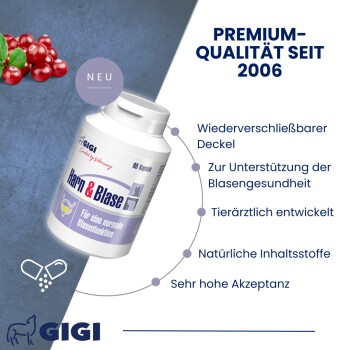 Eine Person in einem blauen Hemd hält eine getigerte Katze, mit dem Text darüber: 'UNTERSTÜTZT DIE BLASENFUNKTION BEI BLASENSCHWÄCHE.'