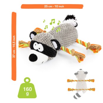 Plüsch Waschbär-Hundespielzeug mit Seilenden, misst 25 cm x 37 cm, wiegt 160 g, mit musikalischen Noten über seinem Kopf.