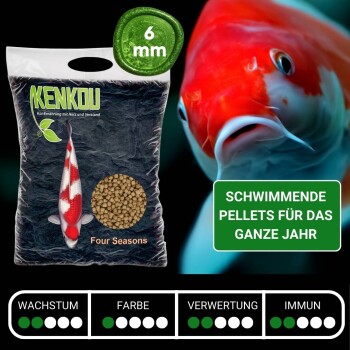 Kenkou Koi Futterbeutel mit "Vier Jahreszeiten"-Etikett, 6mm schwimmende Pellets, Koi-Fischbild und Nährwertbewertungen für Wachstum und Farbe.