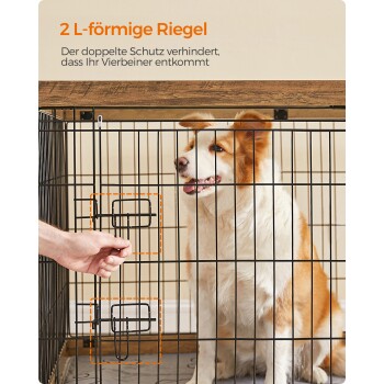 Ein Hund in einer schwarzen Kiste, während eine Hand zwei L-förmige Schlösser anpasst, was das doppelte Schutzmerkmal betont.