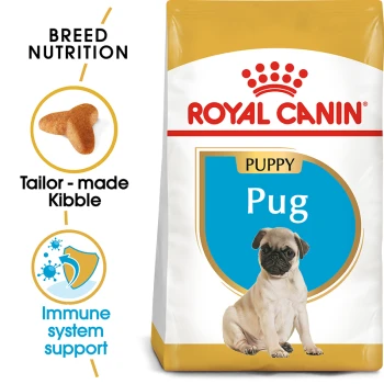 Royal Canin Puppy Pug dog food bag featuring a pug puppy, with text highlighting breed nutrition, tailor-made kibble, and immune system support.