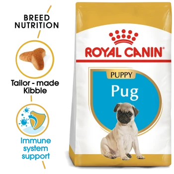 Royal Canin Puppy Pug dog food bag featuring a pug puppy, with text highlighting breed nutrition, tailor-made kibble, and immune system support.