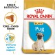Royal Canin Puppy Pug dog food bag featuring a pug puppy, with text highlighting breed nutrition, tailor-made kibble, and immune system support.
